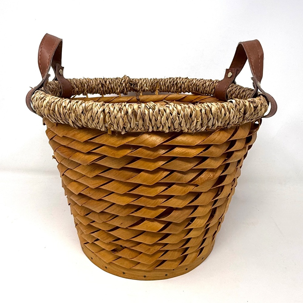 Rustic Woven Wood Basket with Seagrass Rim and Leather Handles Brown 11x8